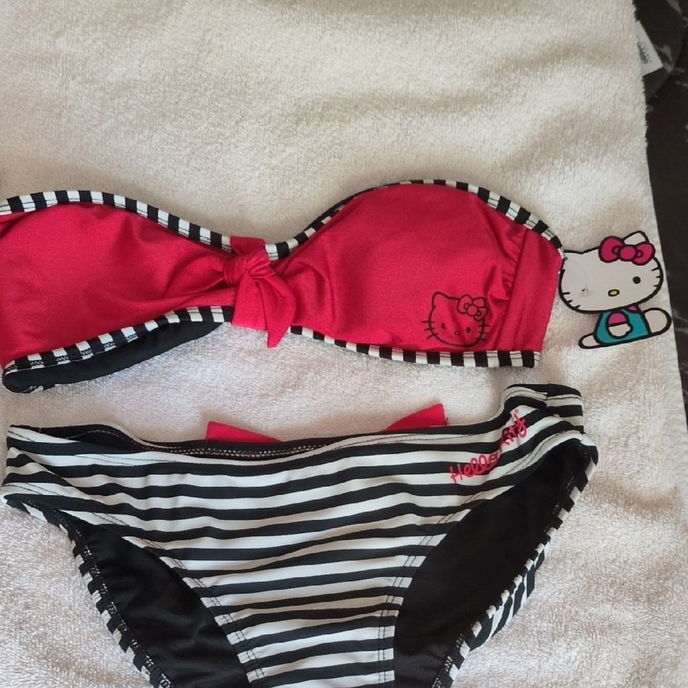 Hello Kitty By Sanrio Girls Bandeau Top Bikini Set - Red and Black/White Medium